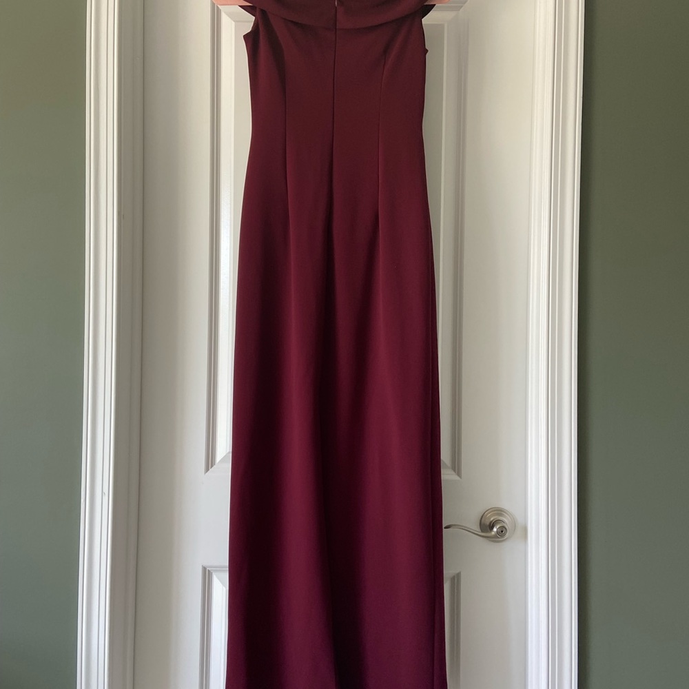 David’s Bridal Off the Shoulder Stretch Crepe Ruched Bridesmaid Dress - Cabarnet - Picture 6 of 7